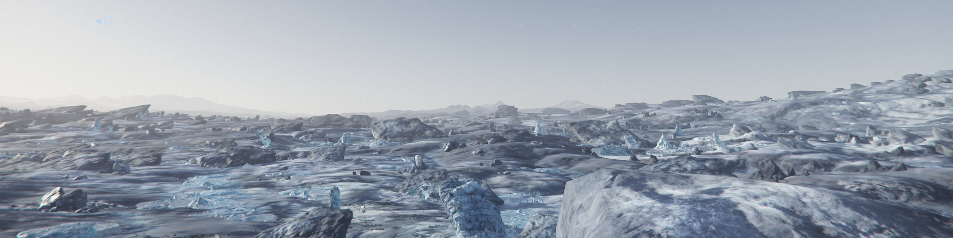 A view of the desolate, broken Lyria icescape; ice ablating in the wind, only to freeze into an icy fog in spite of the sun.